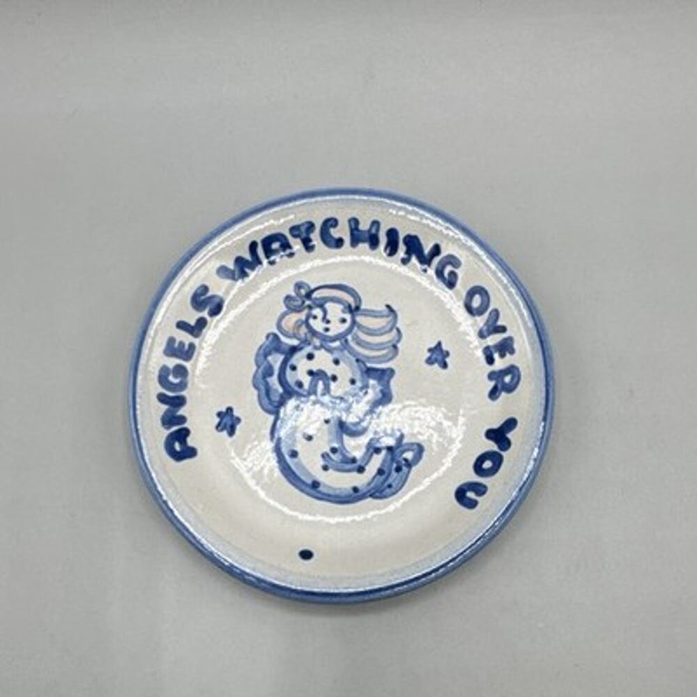 Hadley Hand Painted Pottery Coaster Trinket Dish Angels Watching Over You VTG